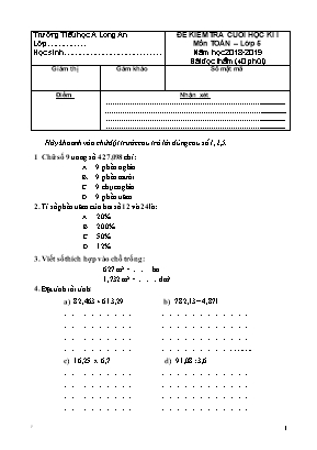 Đề kiểm tra cuối học kì 1 môn Toán Lớp 5 - Năm học 2018-2019 (Có đáp án)
